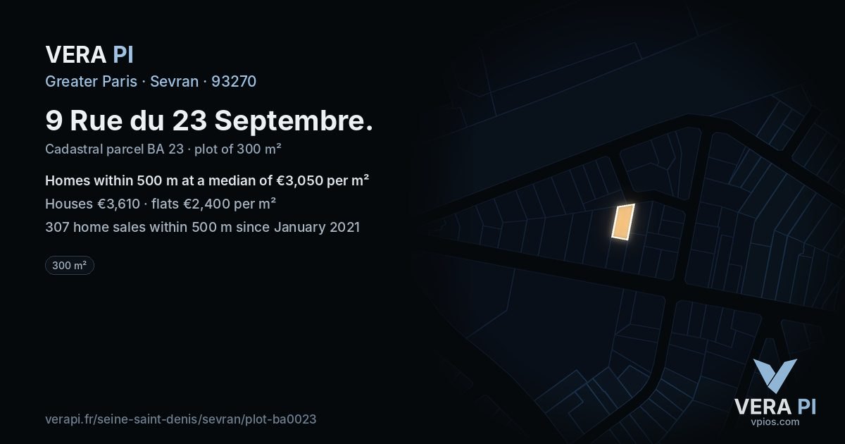 9 Rue du 23 Septembre, Sevran at night – the plot lit, the parcels around coloured by the prices near them