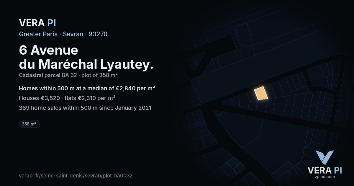 6 Avenue du Maréchal Lyautey, Sevran at night – the plot lit, the parcels around coloured by the prices near them