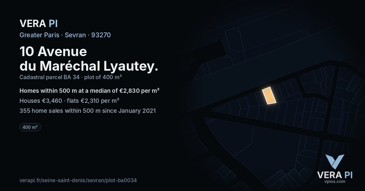 10 Avenue du Maréchal Lyautey, Sevran at night – the plot lit, the parcels around coloured by the prices near them
