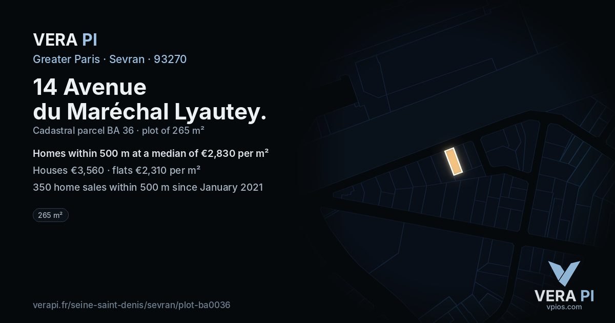 14 Avenue du Maréchal Lyautey, Sevran at night – the plot lit, the parcels around coloured by the prices near them