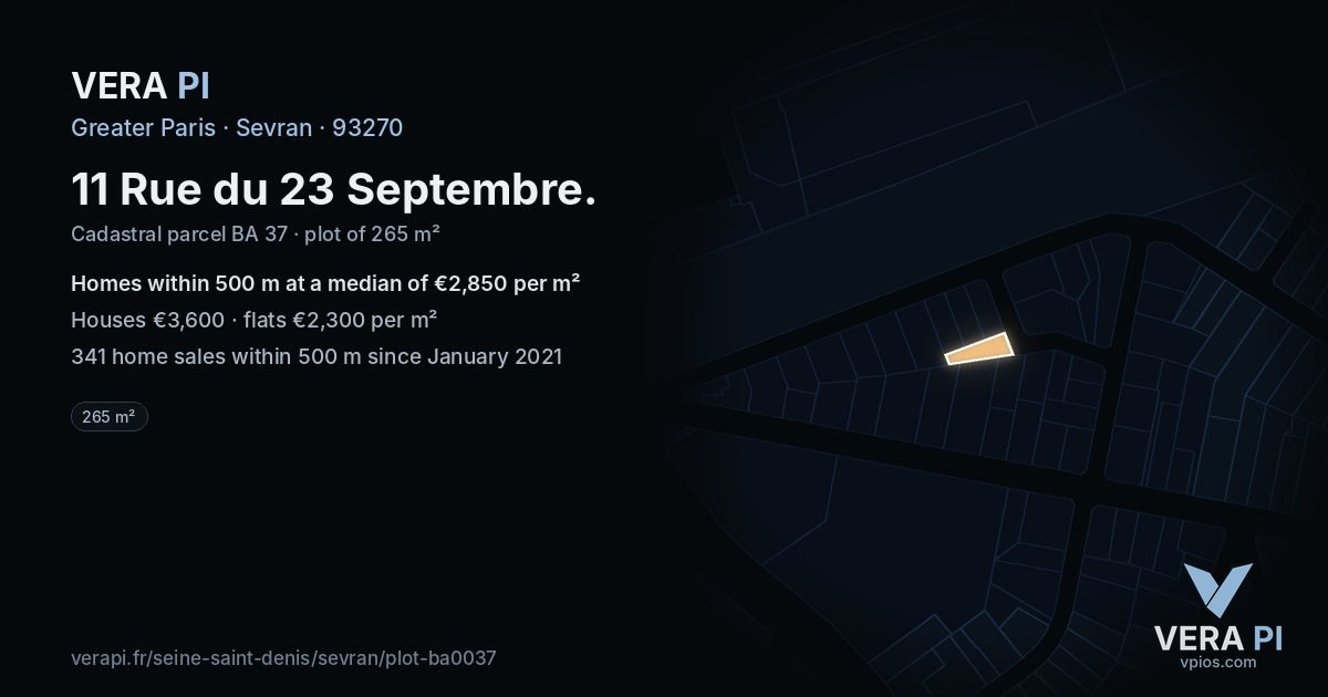 11 Rue du 23 Septembre, Sevran at night – the plot lit, the parcels around coloured by the prices near them