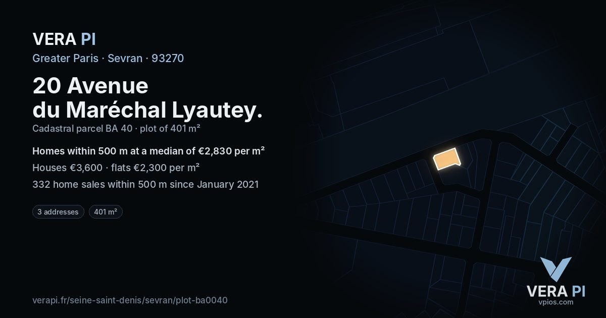 20 Avenue du Maréchal Lyautey, Sevran at night – the plot lit, the parcels around coloured by the prices near them