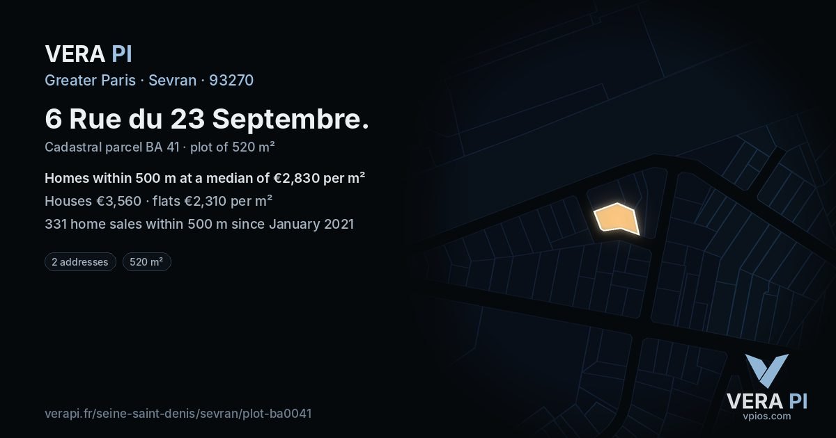 6 Rue du 23 Septembre, Sevran at night – the plot lit, the parcels around coloured by the prices near them