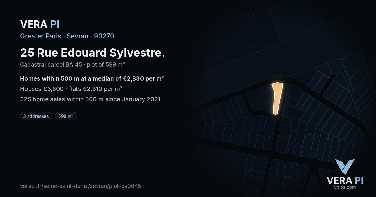 25 Rue Edouard Sylvestre, Sevran at night – the plot lit, the parcels around coloured by the prices near them