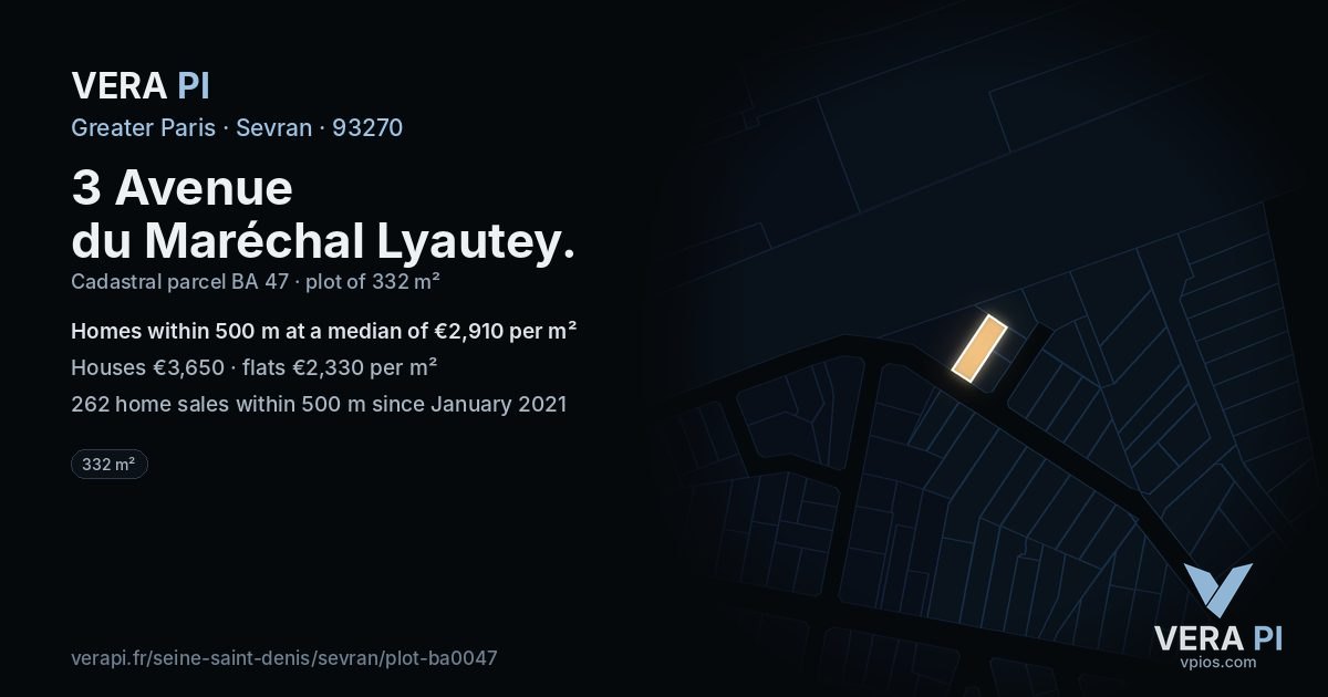 3 Avenue du Maréchal Lyautey, Sevran at night – the plot lit, the parcels around coloured by the prices near them