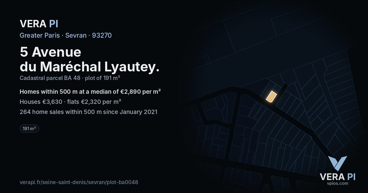 5 Avenue du Maréchal Lyautey, Sevran at night – the plot lit, the parcels around coloured by the prices near them
