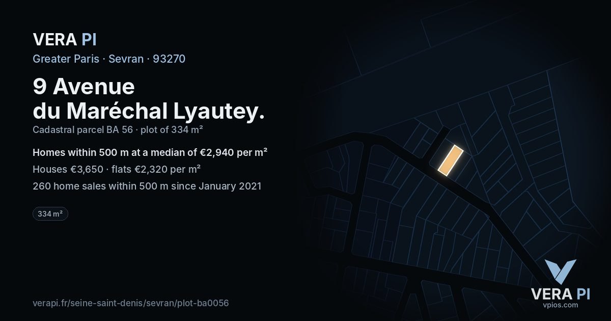 9 Avenue du Maréchal Lyautey, Sevran at night – the plot lit, the parcels around coloured by the prices near them