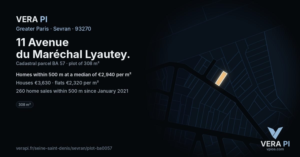 11 Avenue du Maréchal Lyautey, Sevran at night – the plot lit, the parcels around coloured by the prices near them