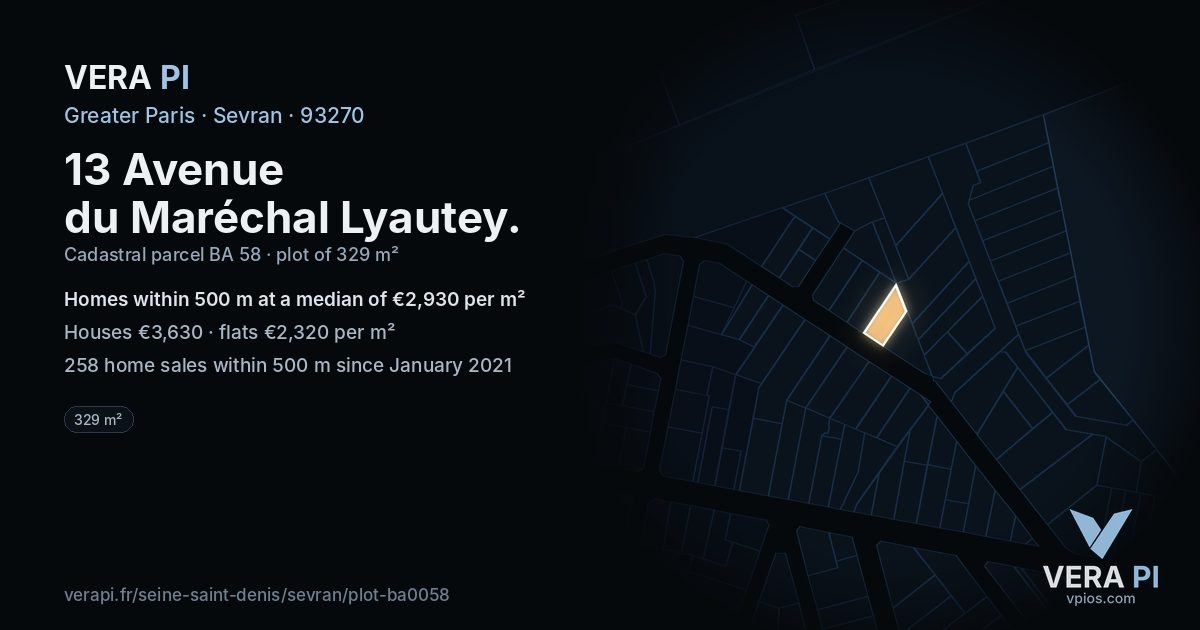 13 Avenue du Maréchal Lyautey, Sevran at night – the plot lit, the parcels around coloured by the prices near them