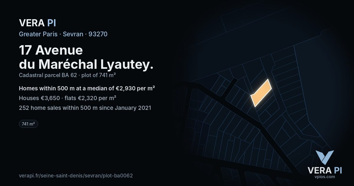 17 Avenue du Maréchal Lyautey, Sevran at night – the plot lit, the parcels around coloured by the prices near them