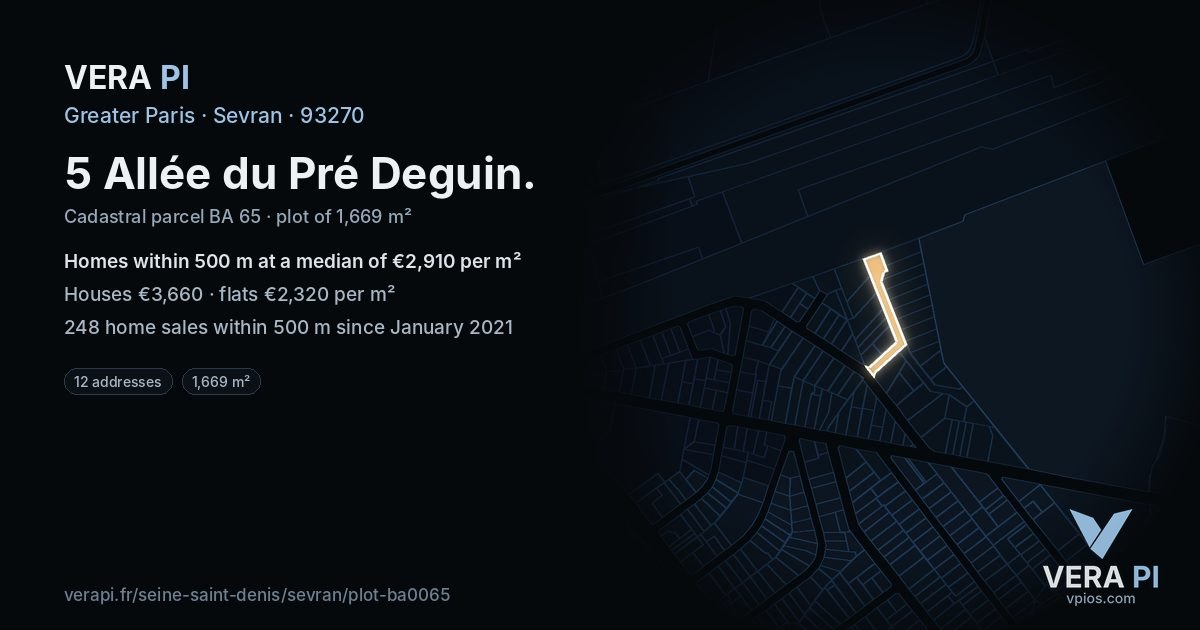 5 Allée du Pré Deguin, Sevran at night – the plot lit, the parcels around coloured by the prices near them