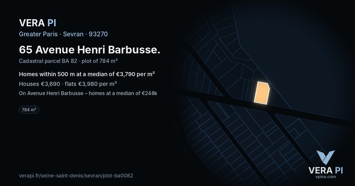 65 Avenue Henri Barbusse, Sevran at night – the plot lit, the parcels around coloured by the prices near them