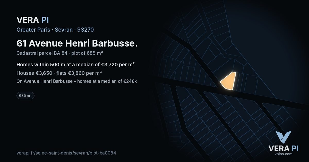 61 Avenue Henri Barbusse, Sevran at night – the plot lit, the parcels around coloured by the prices near them