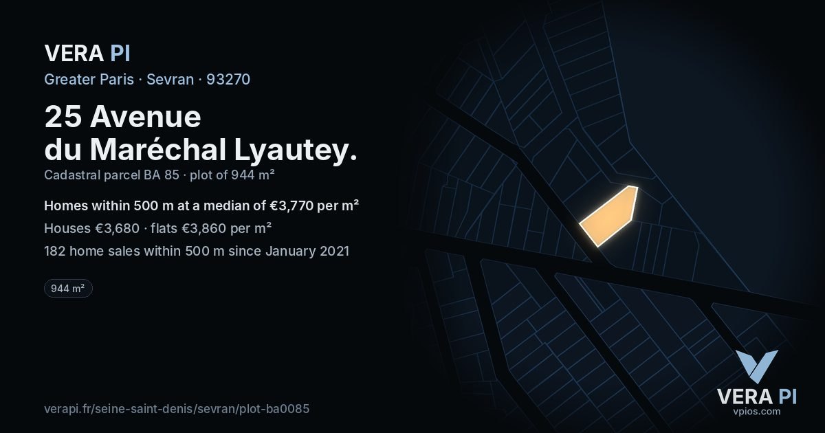 25 Avenue du Maréchal Lyautey, Sevran at night – the plot lit, the parcels around coloured by the prices near them