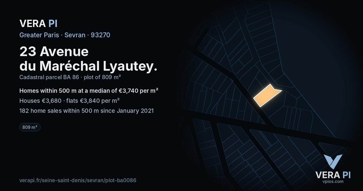 23 Avenue du Maréchal Lyautey, Sevran at night – the plot lit, the parcels around coloured by the prices near them