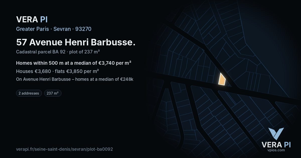 57 Avenue Henri Barbusse, Sevran at night – the plot lit, the parcels around coloured by the prices near them