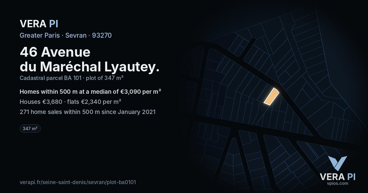 46 Avenue du Maréchal Lyautey, Sevran at night – the plot lit, the parcels around coloured by the prices near them