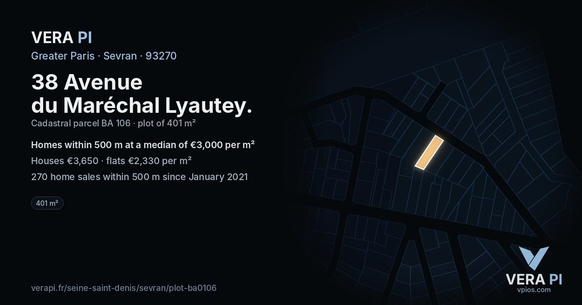 38 Avenue du Maréchal Lyautey, Sevran at night – the plot lit, the parcels around coloured by the prices near them