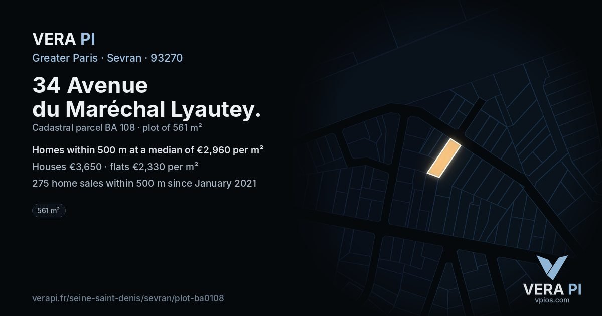 34 Avenue du Maréchal Lyautey, Sevran at night – the plot lit, the parcels around coloured by the prices near them