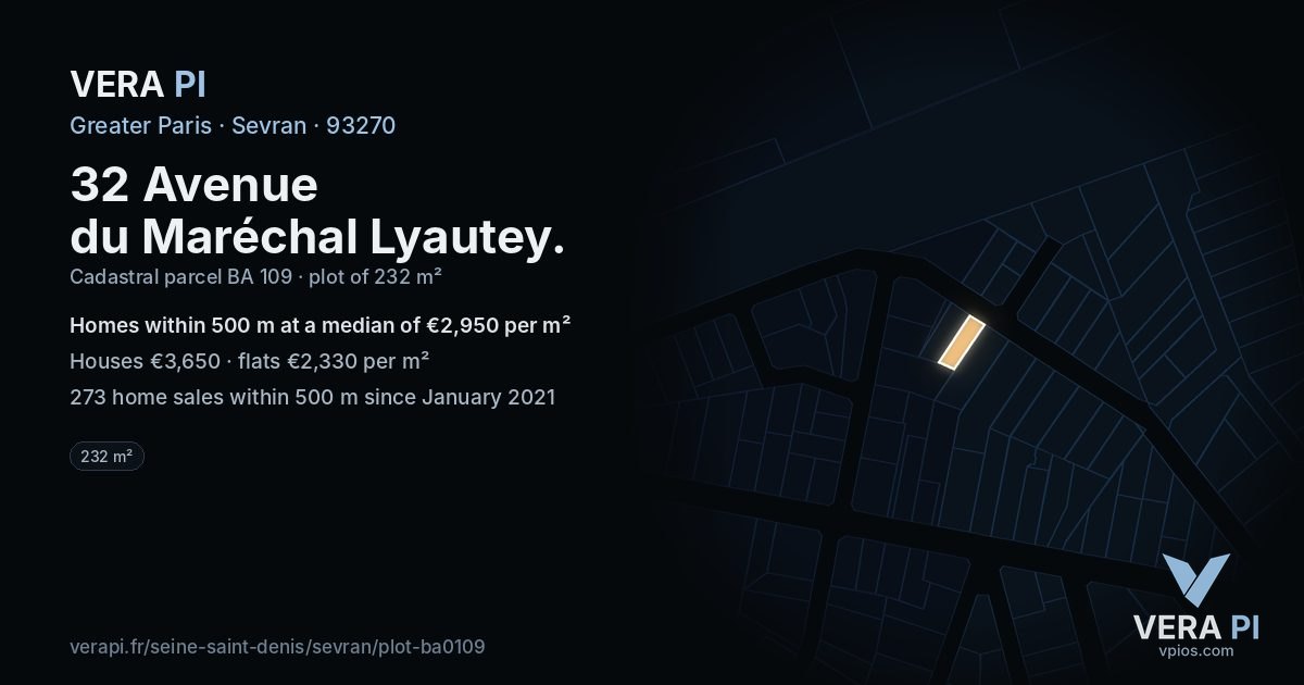 32 Avenue du Maréchal Lyautey, Sevran at night – the plot lit, the parcels around coloured by the prices near them
