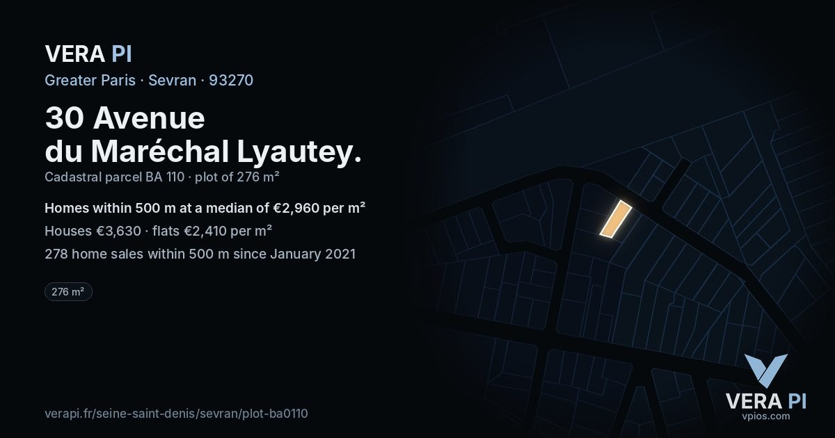 30 Avenue du Maréchal Lyautey, Sevran at night – the plot lit, the parcels around coloured by the prices near them