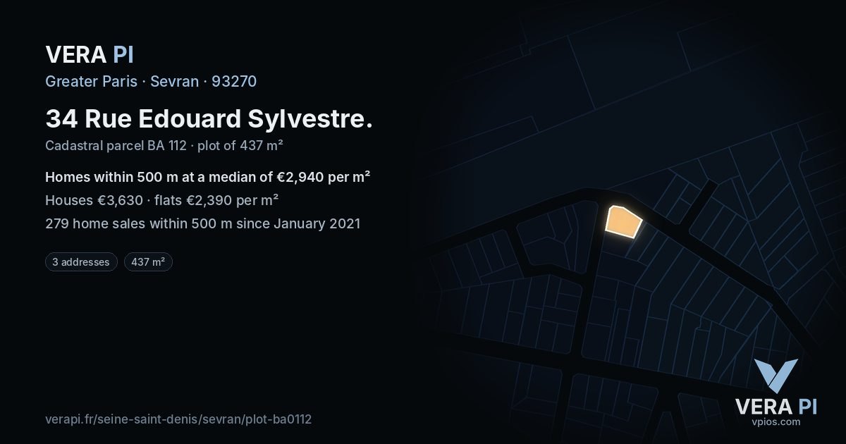 34 Rue Edouard Sylvestre, Sevran at night – the plot lit, the parcels around coloured by the prices near them