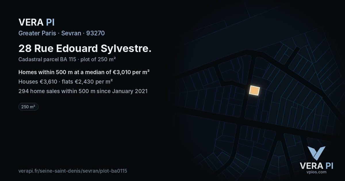 28 Rue Edouard Sylvestre, Sevran at night – the plot lit, the parcels around coloured by the prices near them