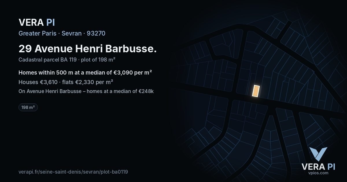 29 Avenue Henri Barbusse, Sevran at night – the plot lit, the parcels around coloured by the prices near them