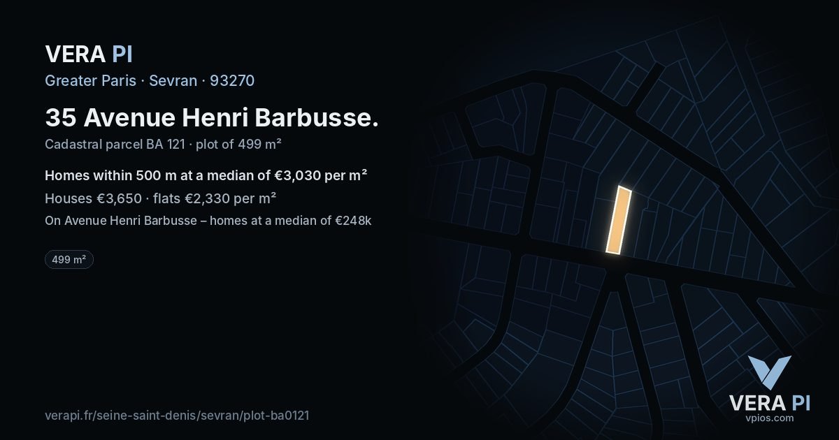 35 Avenue Henri Barbusse, Sevran at night – the plot lit, the parcels around coloured by the prices near them