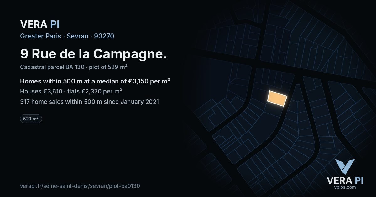 9 Rue de la Campagne, Sevran at night – the plot lit, the parcels around coloured by the prices near them