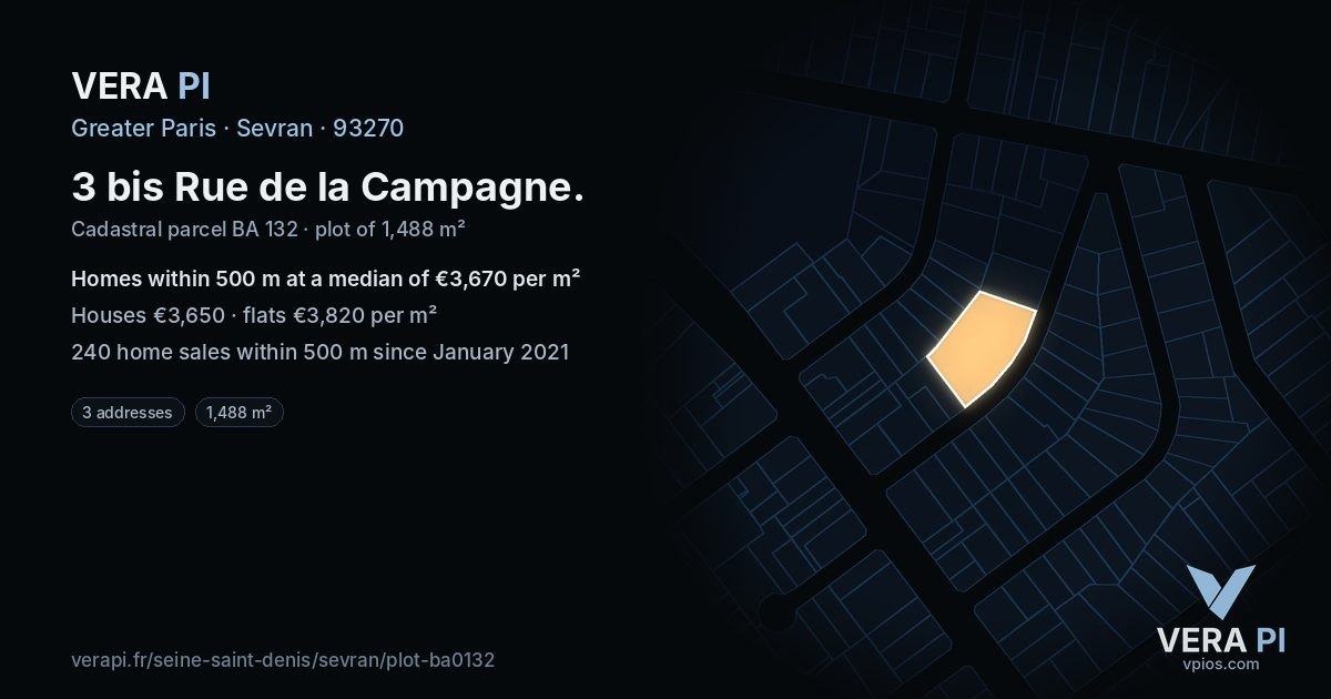 3 bis Rue de la Campagne, Sevran at night – the plot lit, the parcels around coloured by the prices near them