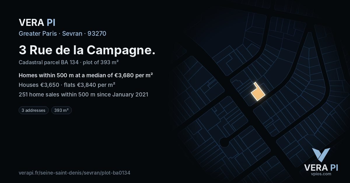 3 Rue de la Campagne, Sevran at night – the plot lit, the parcels around coloured by the prices near them