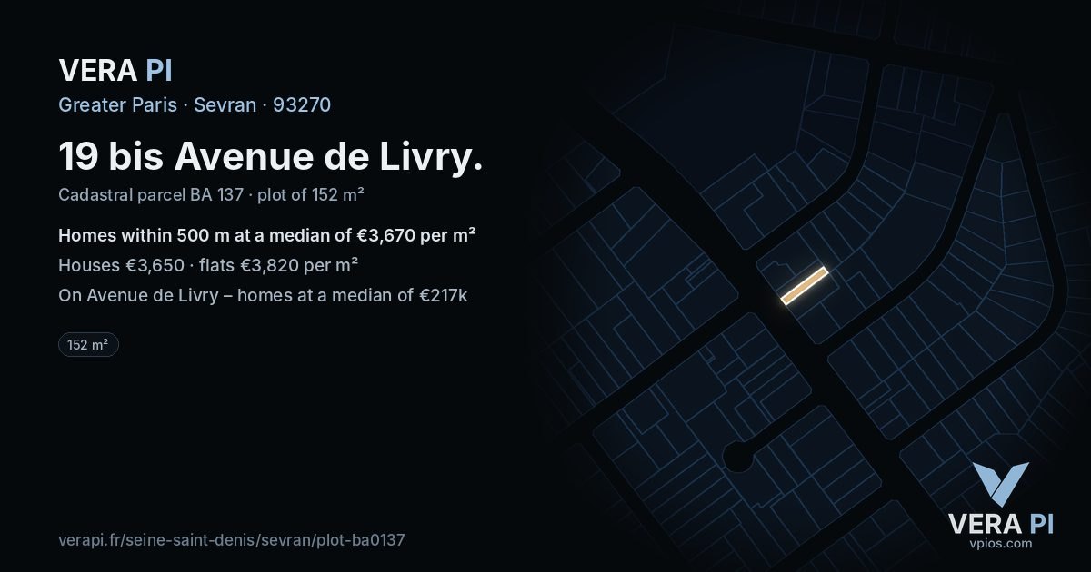 19 bis Avenue de Livry, Sevran at night – the plot lit, the parcels around coloured by the prices near them