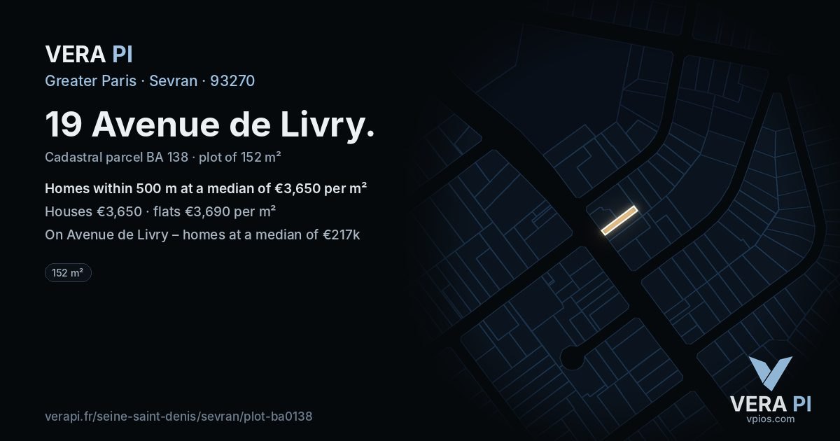 19 Avenue de Livry, Sevran at night – the plot lit, the parcels around coloured by the prices near them