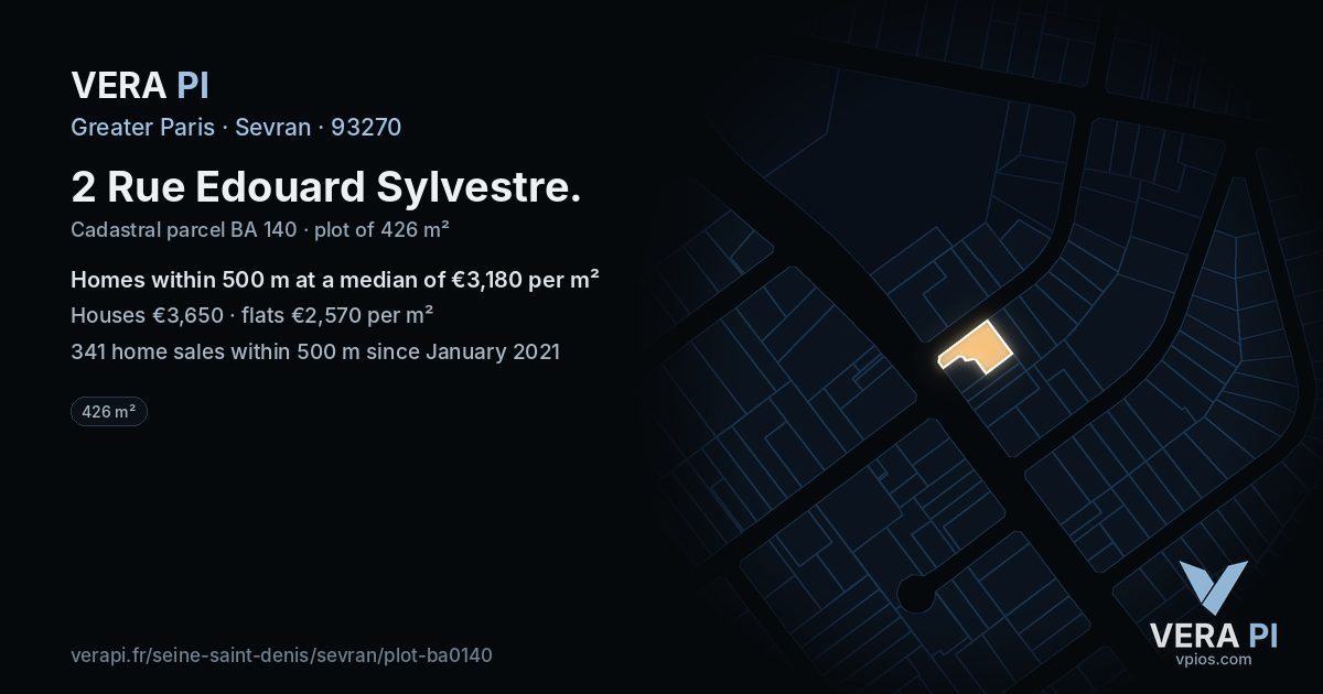 2 Rue Edouard Sylvestre, Sevran at night – the plot lit, the parcels around coloured by the prices near them