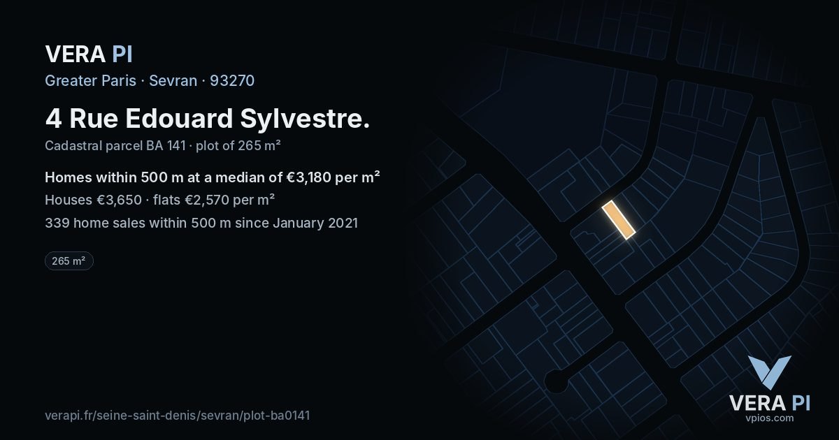 4 Rue Edouard Sylvestre, Sevran at night – the plot lit, the parcels around coloured by the prices near them