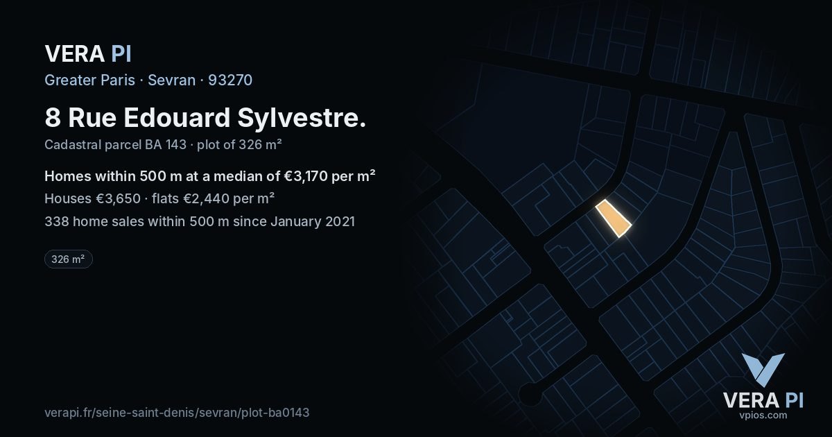 8 Rue Edouard Sylvestre, Sevran at night – the plot lit, the parcels around coloured by the prices near them
