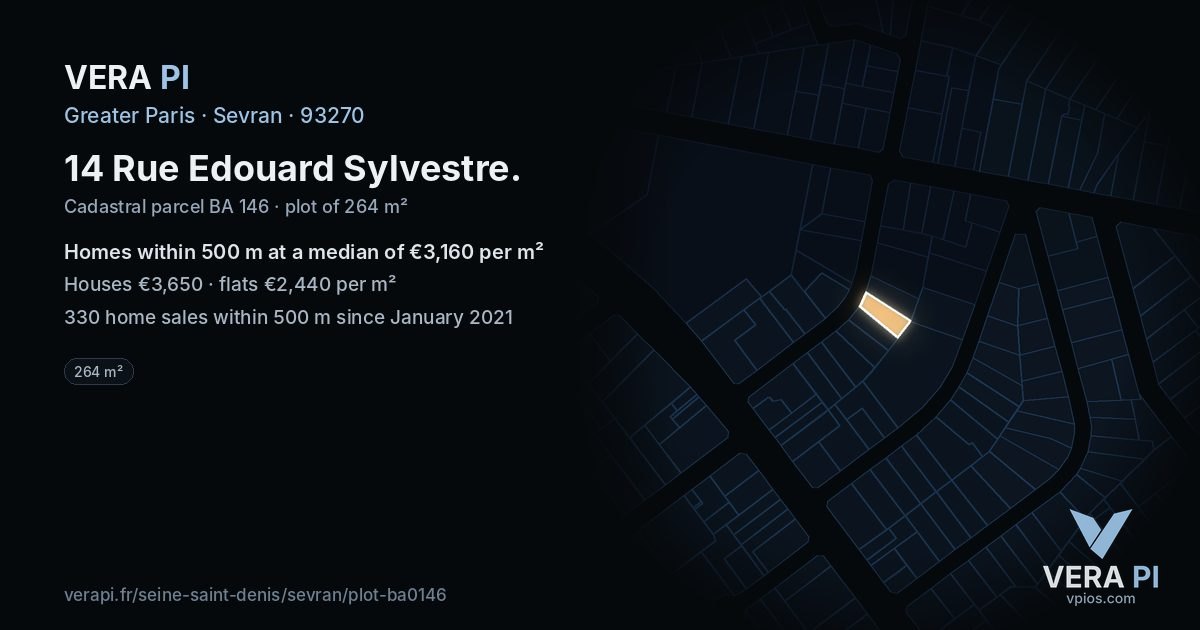 14 Rue Edouard Sylvestre, Sevran at night – the plot lit, the parcels around coloured by the prices near them
