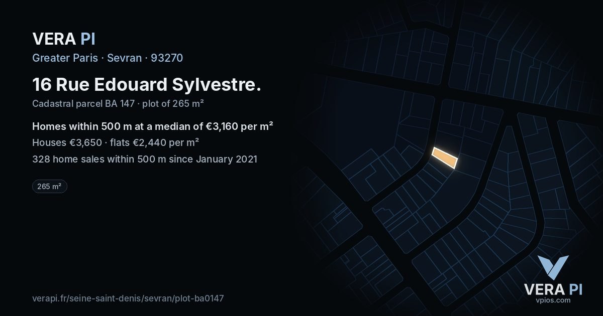 16 Rue Edouard Sylvestre, Sevran at night – the plot lit, the parcels around coloured by the prices near them
