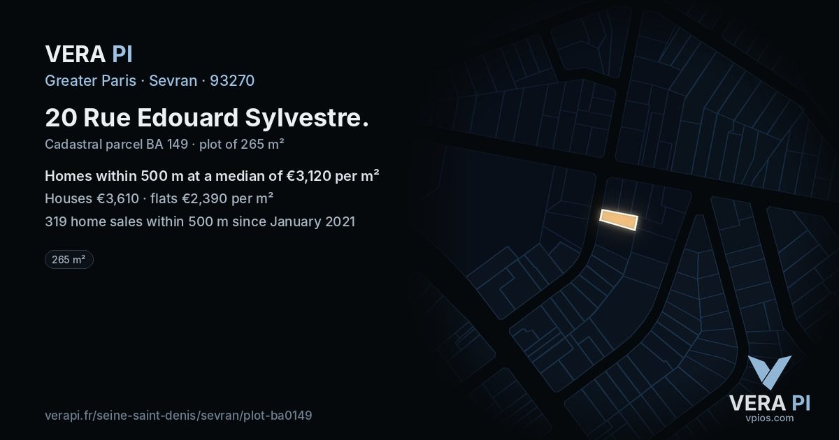 20 Rue Edouard Sylvestre, Sevran at night – the plot lit, the parcels around coloured by the prices near them