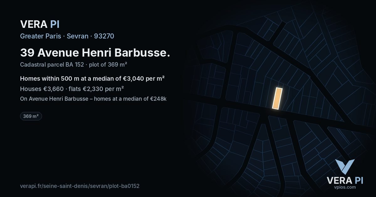 39 Avenue Henri Barbusse, Sevran at night – the plot lit, the parcels around coloured by the prices near them