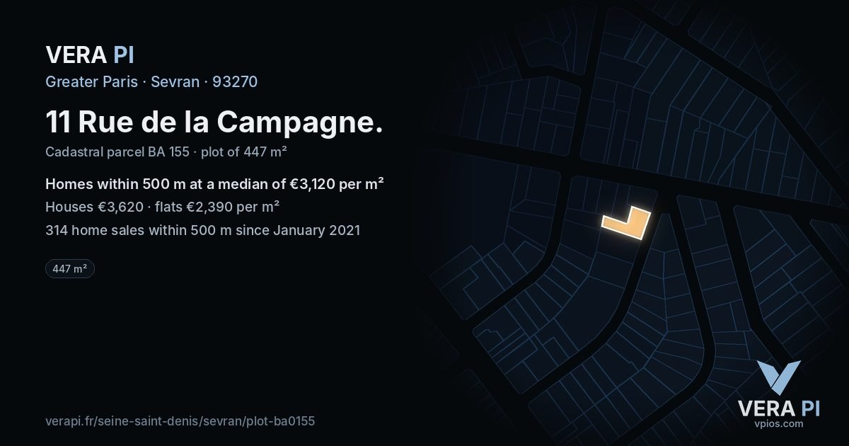 11 Rue de la Campagne, Sevran at night – the plot lit, the parcels around coloured by the prices near them