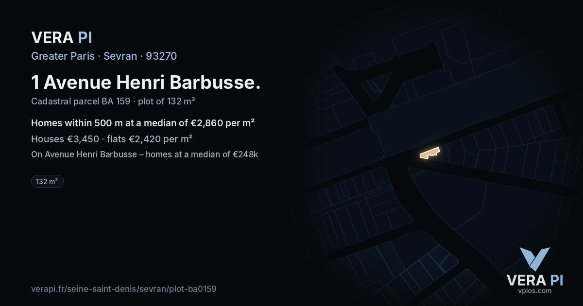 1 Avenue Henri Barbusse, Sevran at night – the plot lit, the parcels around coloured by the prices near them