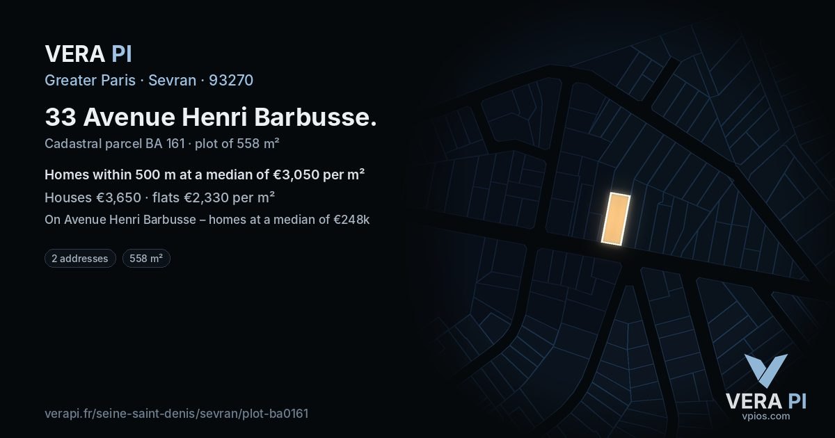 33 Avenue Henri Barbusse, Sevran at night – the plot lit, the parcels around coloured by the prices near them