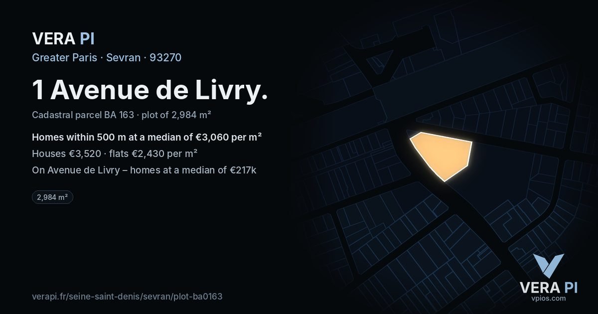 1 Avenue de Livry, Sevran at night – the plot lit, the parcels around coloured by the prices near them