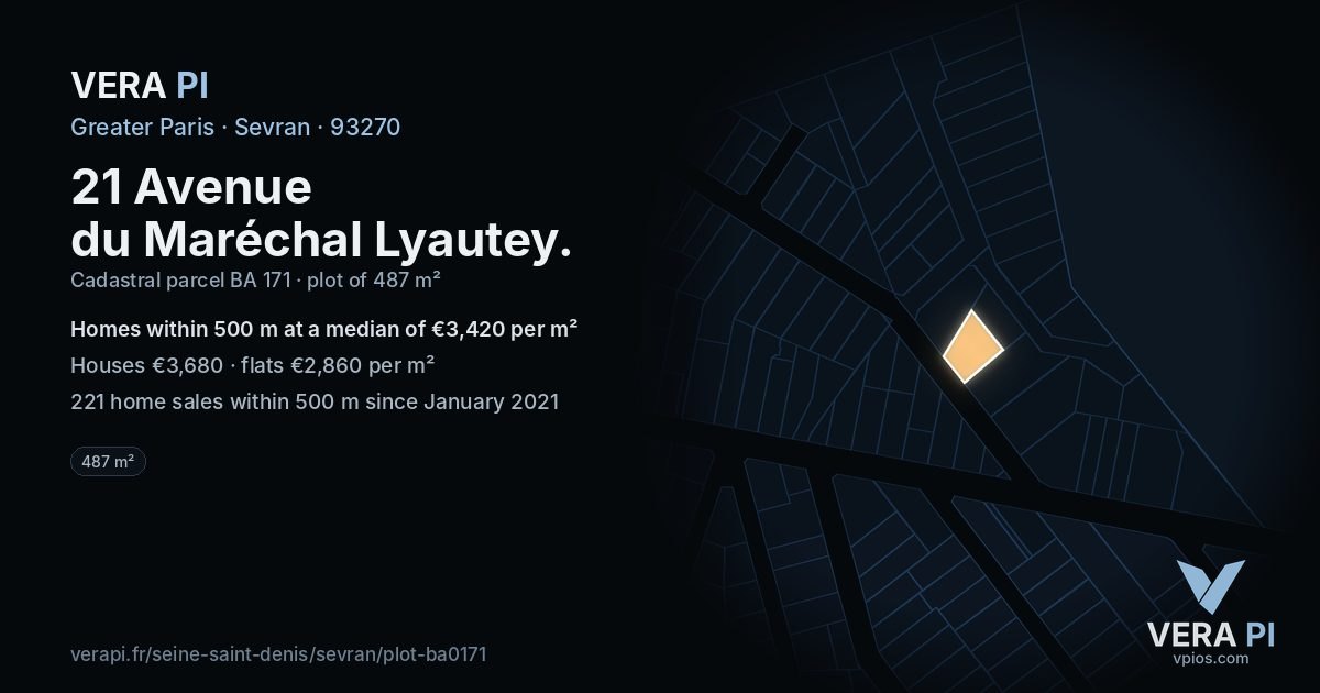 21 Avenue du Maréchal Lyautey, Sevran at night – the plot lit, the parcels around coloured by the prices near them