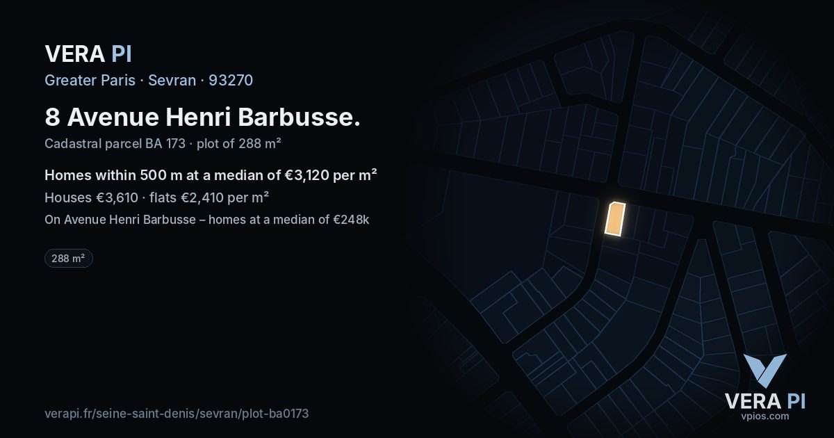 8 Avenue Henri Barbusse, Sevran at night – the plot lit, the parcels around coloured by the prices near them