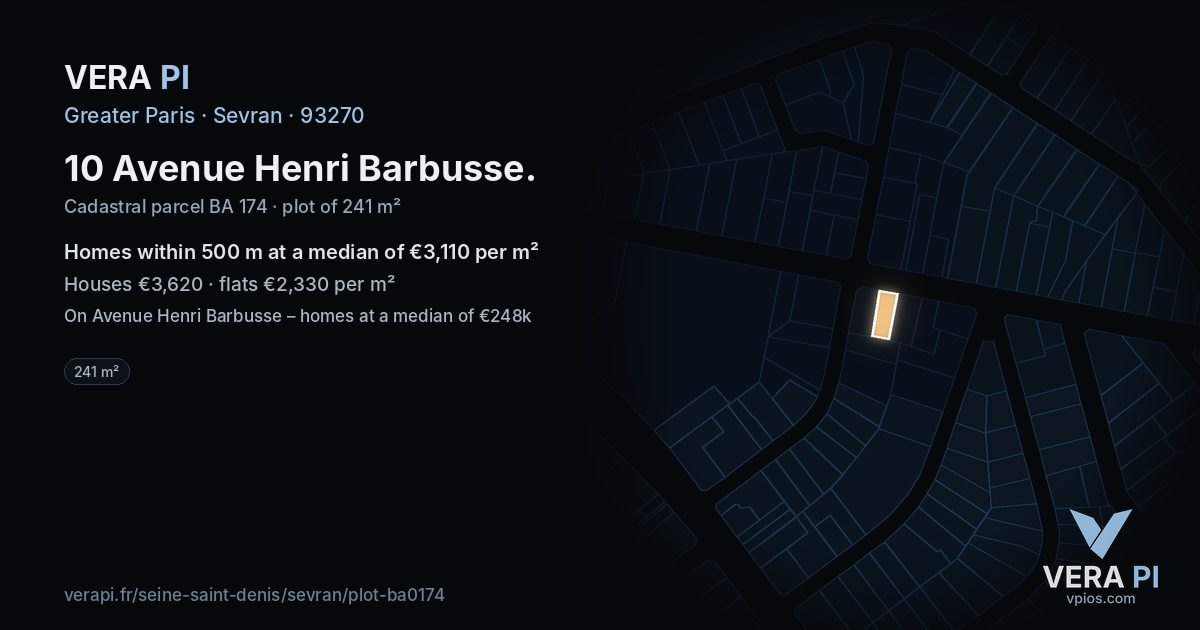 10 Avenue Henri Barbusse, Sevran at night – the plot lit, the parcels around coloured by the prices near them