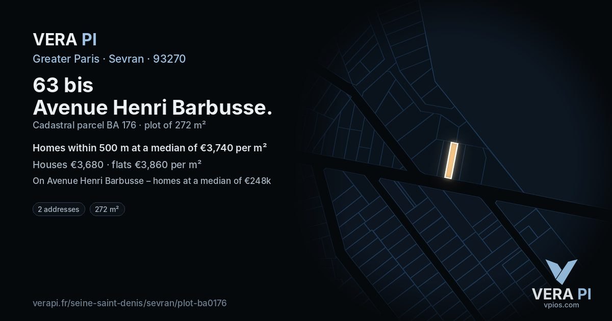 63 bis Avenue Henri Barbusse, Sevran at night – the plot lit, the parcels around coloured by the prices near them