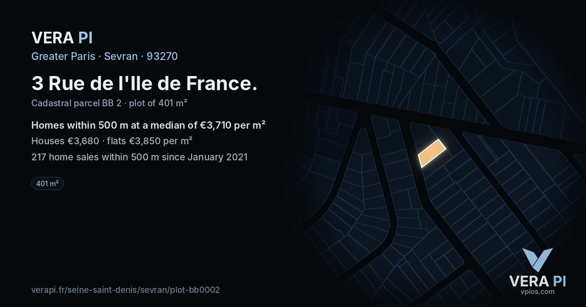 3 Rue de l'Ile de France, Sevran at night – the plot lit, the parcels around coloured by the prices near them